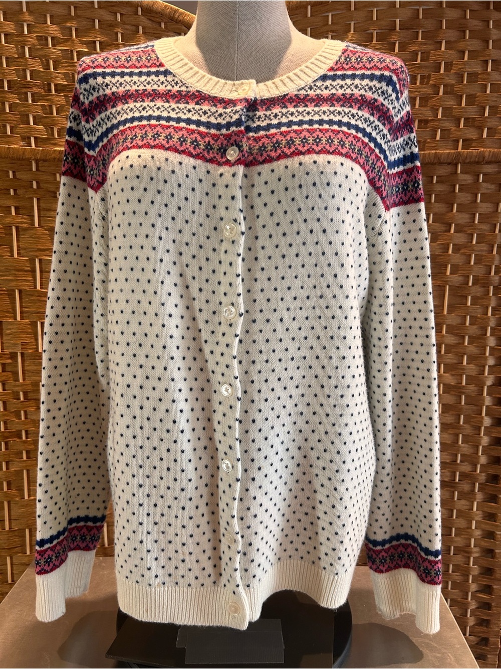 Fair Isle Lambswool Blend Cardigan Large Nordic Cottagecore Button Front
